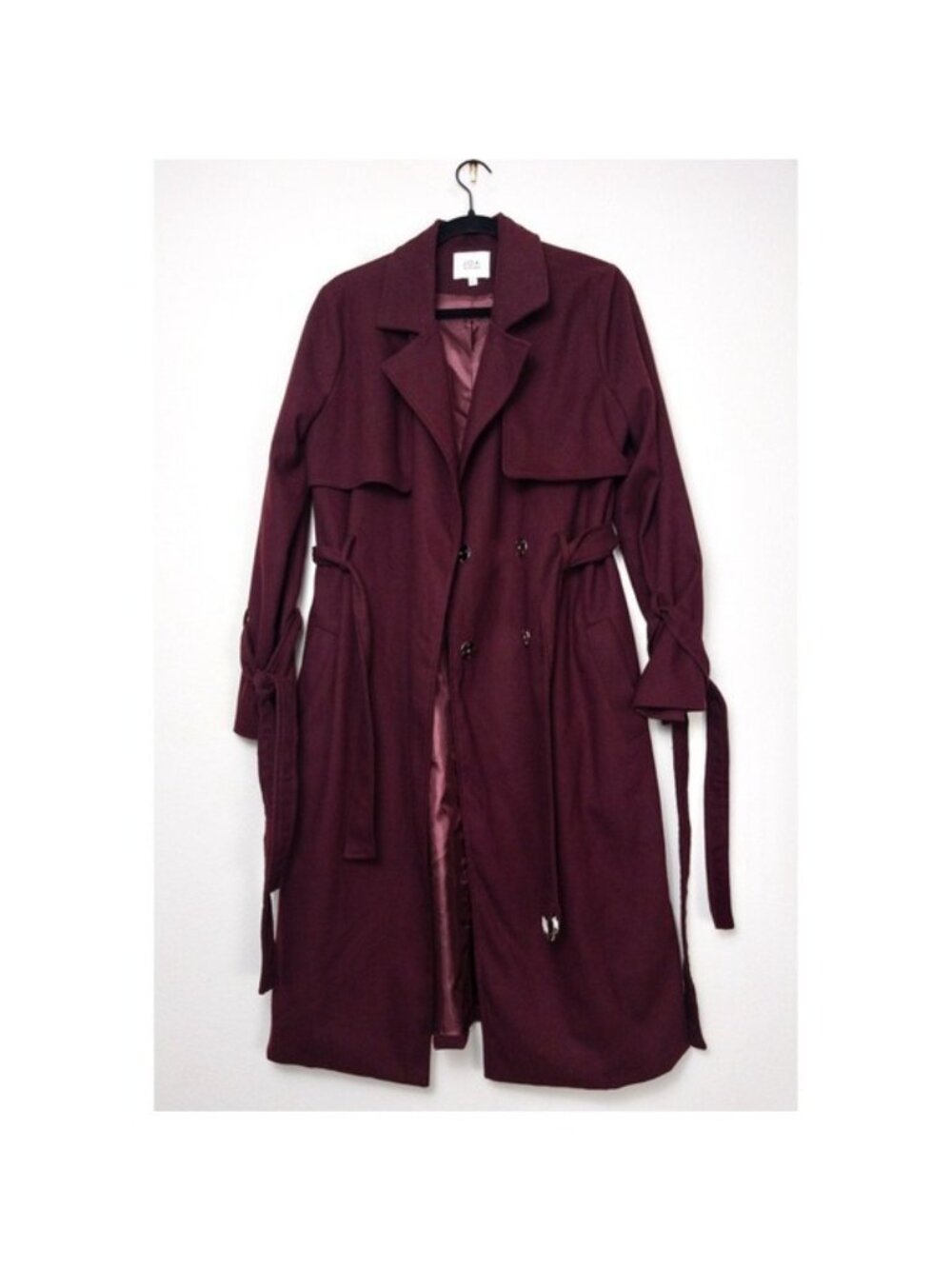 NEW J.O.A Belted Trench Coat S Burgundy Maroon Tie Cuff Double Breasted Utility - Picture 2 of 12